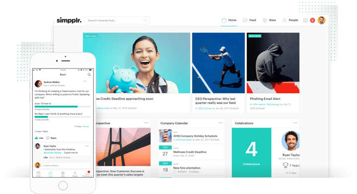 Best social intranet - Simpplr intranet desktop homepage and mobile homepage