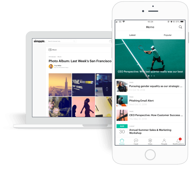 Best social intranet - Simpplr intranet mobile home screen & desktop photo album