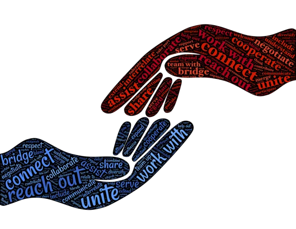 Distributed workforce: blue hand filled with words touching the red hand