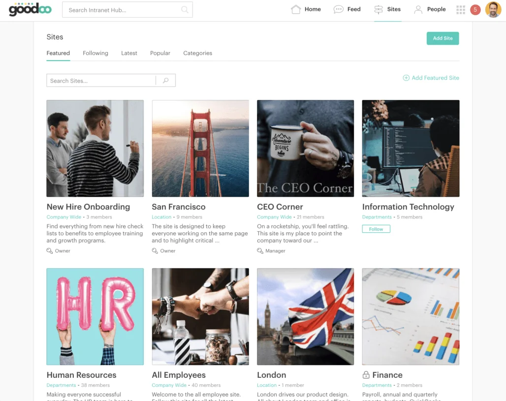 Intranet personalization - GoodCo Simpplr intranet featured sites page
