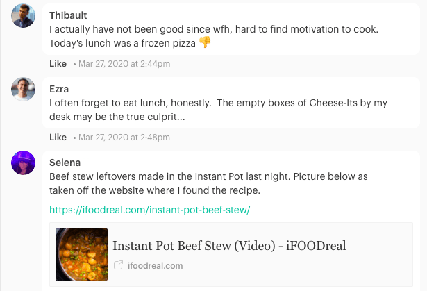 Remote team building - Intranet use case: Comments on the Simpplr intranet regarding lunch options