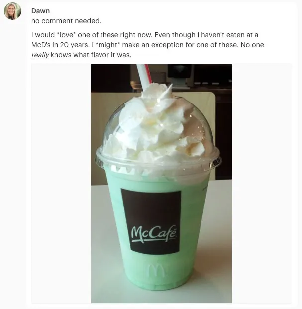 Work From Home - Intranet use case: Status update by Dawn Farhi regarding McDonald's milkshake of unknown flavor