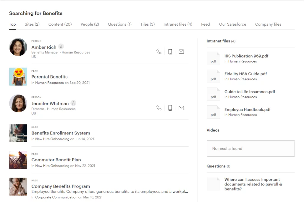 Simpplr Fall Release - Simpplr intranet search results for benefits