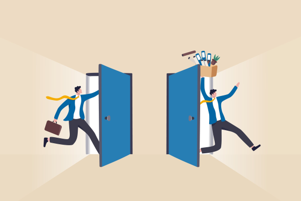 Deskless workers - employee Going In One Door & Exiting Out of the Other