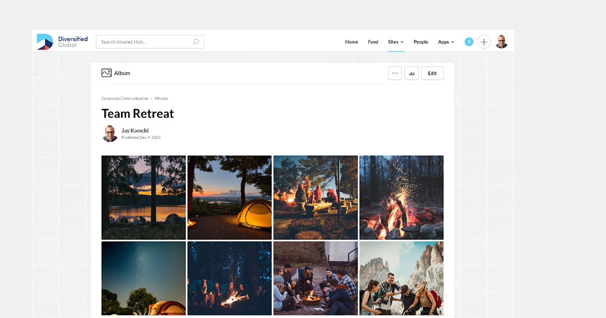 Intranet content - Diversified Global intranet page showing collection of photos of team outing