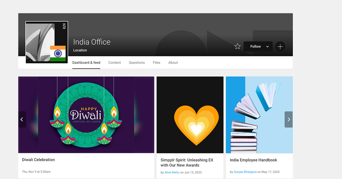 Location site content for Simpplr's India office on Simpplr's intranet