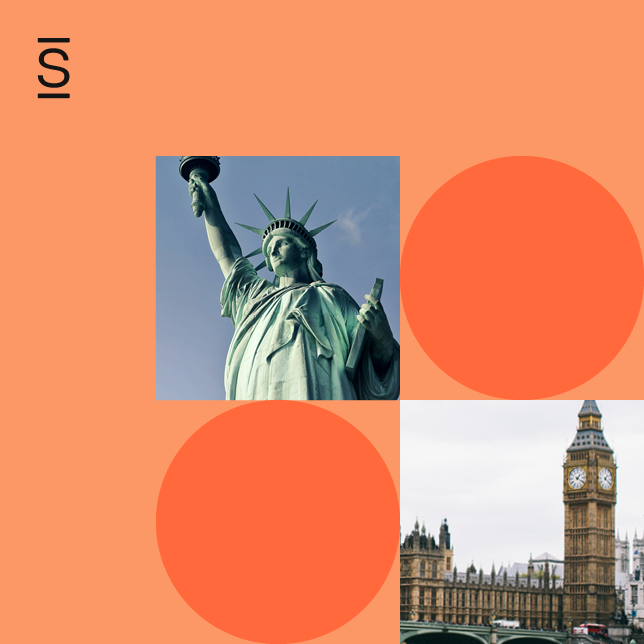 Remote offices - orange background and two orange circles accompanied by photo of Statue of Liberty and Big Ben & Parliament Building