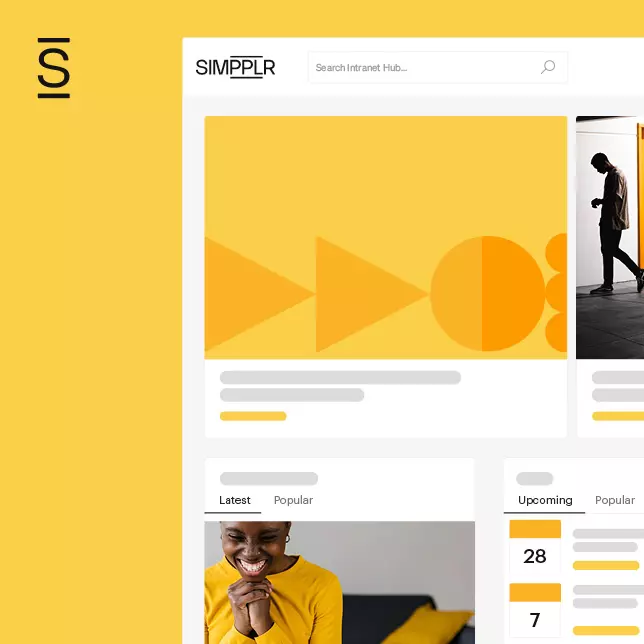 Modern intranet - Simpplr intranet homepage on top of yellow background