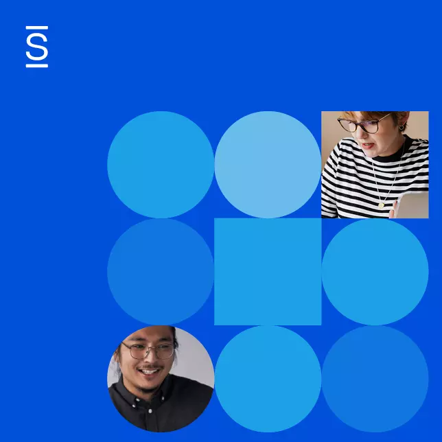 Digital workplace - dark blue background with light blue circles, blue square, two dark blue circles, and two headshots of employees