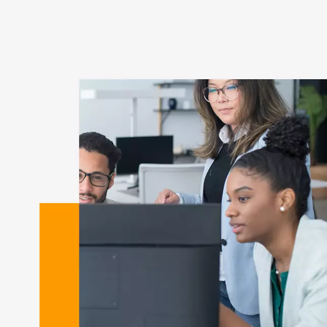 Internal company newsletter - two female employees and one male employee looking at computer