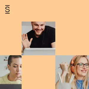 Virtual team bonding - three headshots of employees working remotely, one smiling man, one bored woman, and one smiling woman with glasses