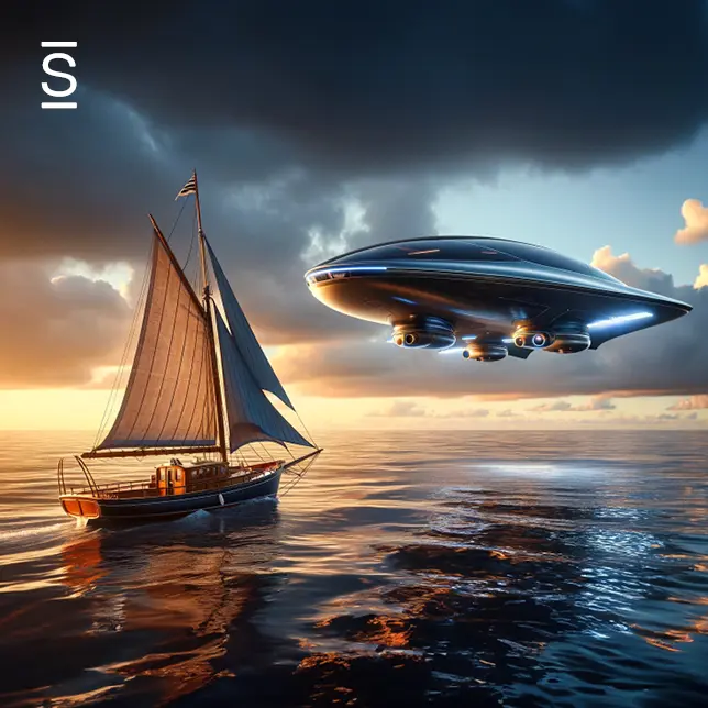 How to get your team on board with AI - spaceship levitating near sailboat above dark blue, reflective ocean