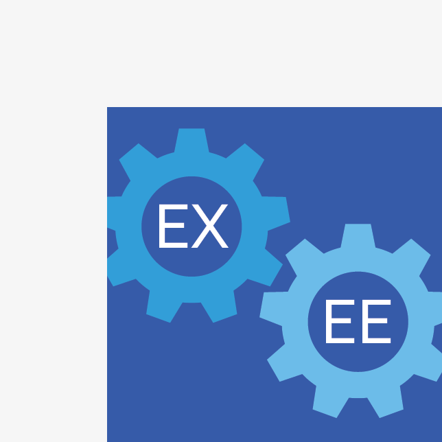 Employee engagement - acronyms for EX and EE located inside two light blue gears