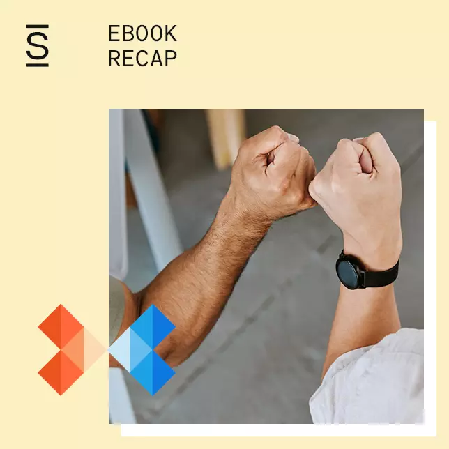 Employee recognition - ebook recap, thumbnail showing two male employees fist-bumping