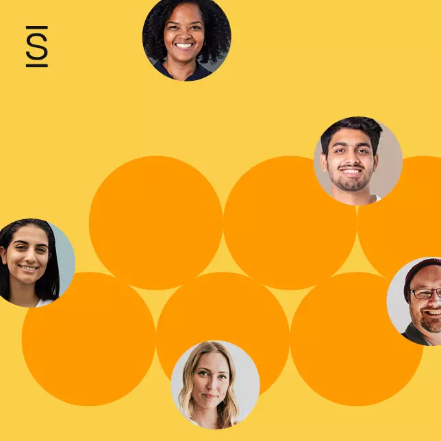 Employee experience - headshots of multiple male and female employees accompanied by light orange circles