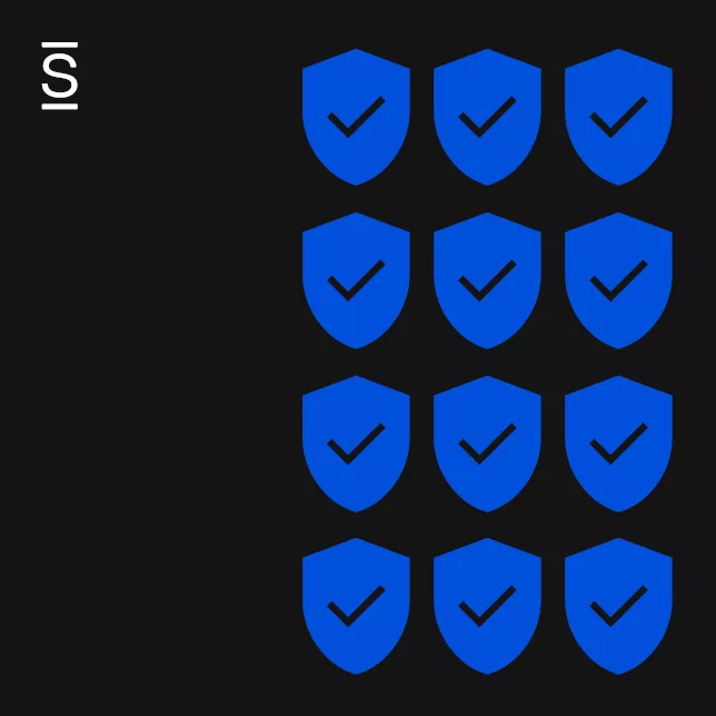 Software supply chain - 12 blue shields with check marks in them