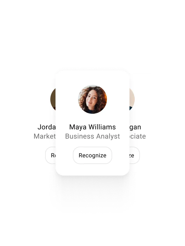 Modern intranet - three employee headshots with "recognize" button beneath them