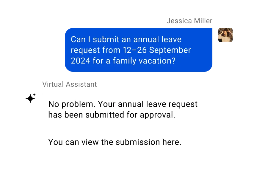 Simpplr AI assistant: screenshot of a conversation between employee and virtual assistant about an annual leave request