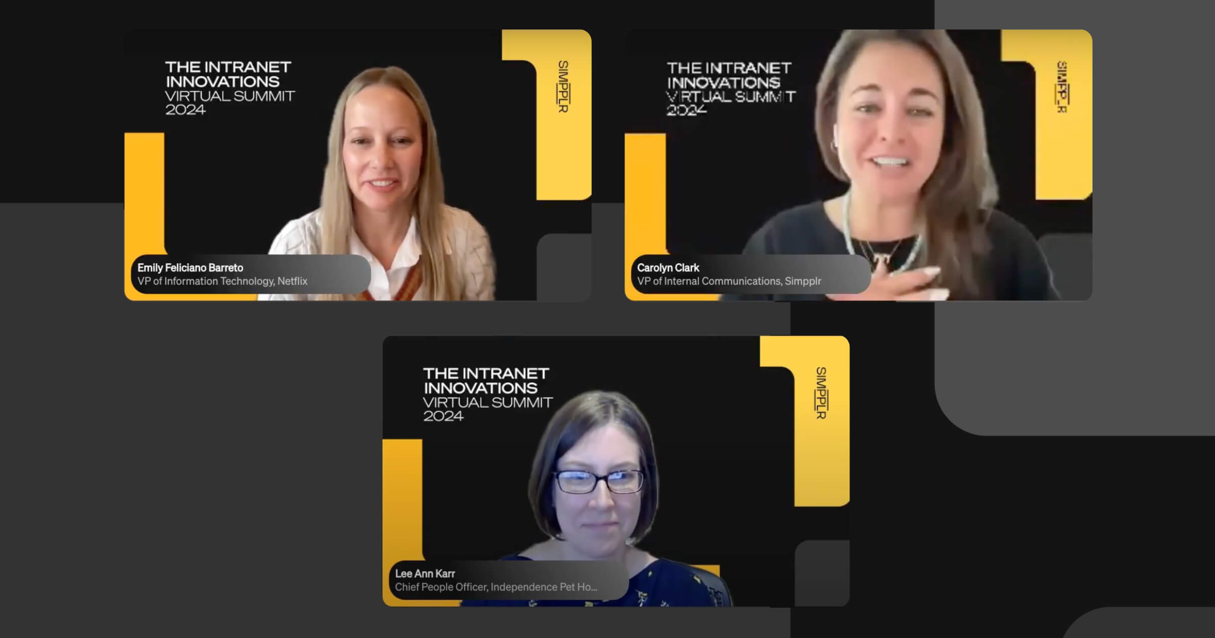 Intranet innovations - still images of Emily Feliciano Barreto, Carolyn Clark, and Lee Ann Karr