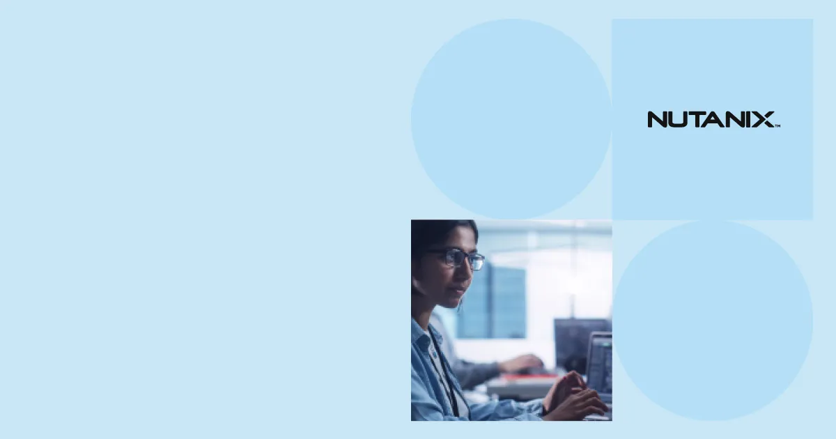 Intranet ROI - Nutanix logo above a photo of a woman with glasses working on a computer