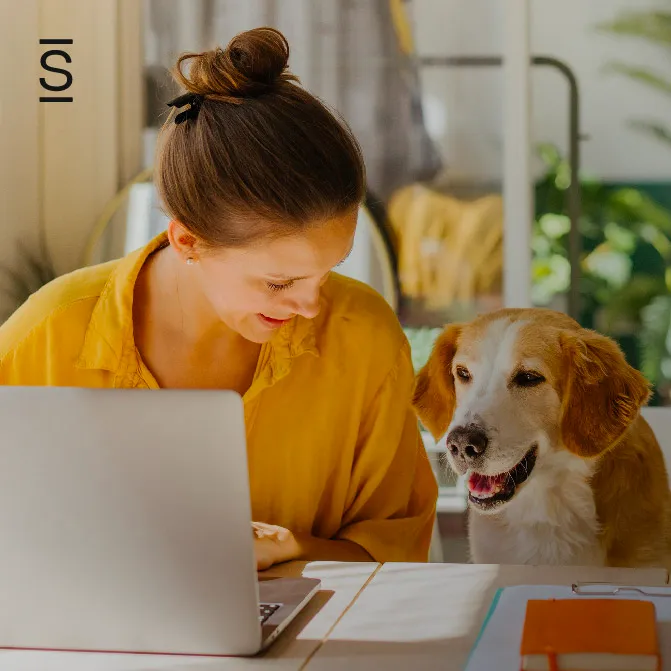 Employee stress and burnout - woman using laptop with dog sitting next to her