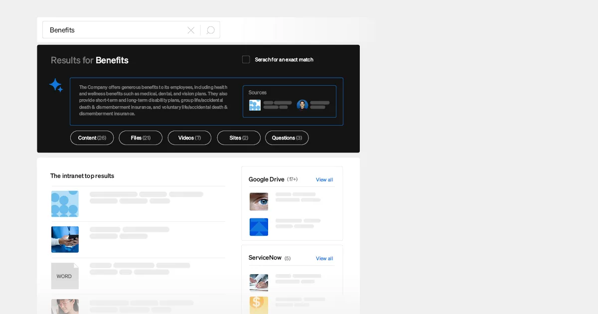 GenAI and employee efficiency - AI-driven search tool (showing AI tool finding results for search "benefits")
