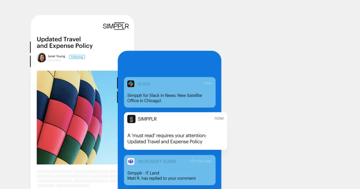 Employee benefits - Simpplr mobile intranet page on updated travel and expense policy accompanied by mobile notifications regarding travel and expense policy