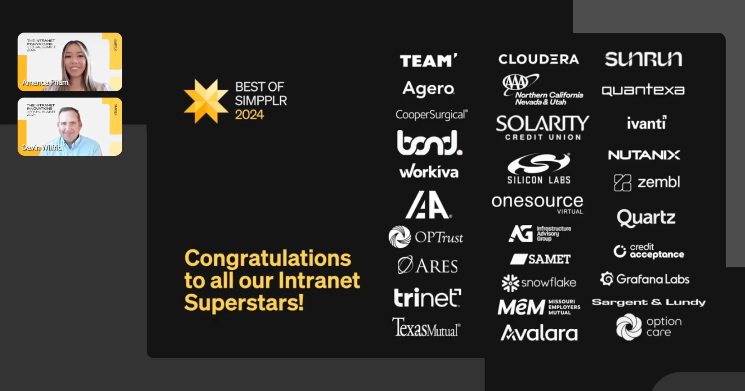 Intranet Innovations Virtual Summit - slide showing company logos of intranet superstars