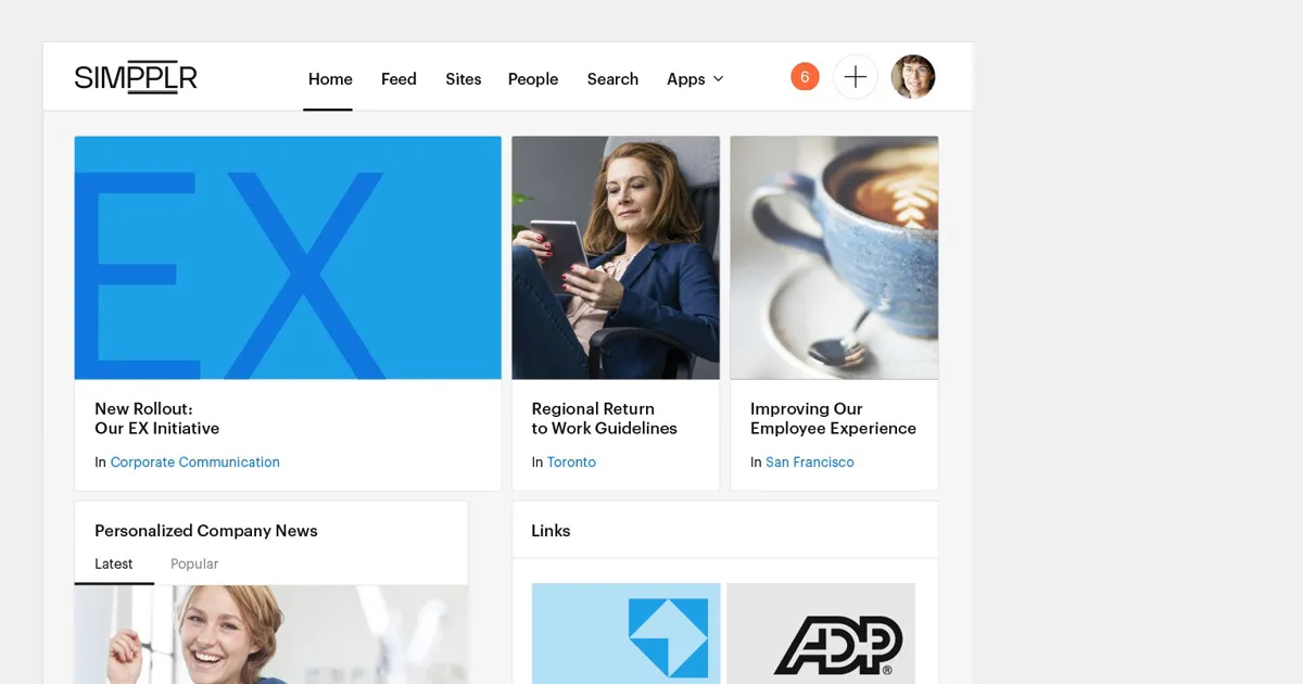 Simpplr intranet homepage showing articles related to employee experience