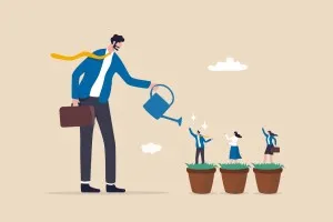 Employee experience - Talent development, career growth, training or coaching staff develop skill, employee improvement, HR human resources concept, businessman manager watering growth talented staff in grow seedling pot.