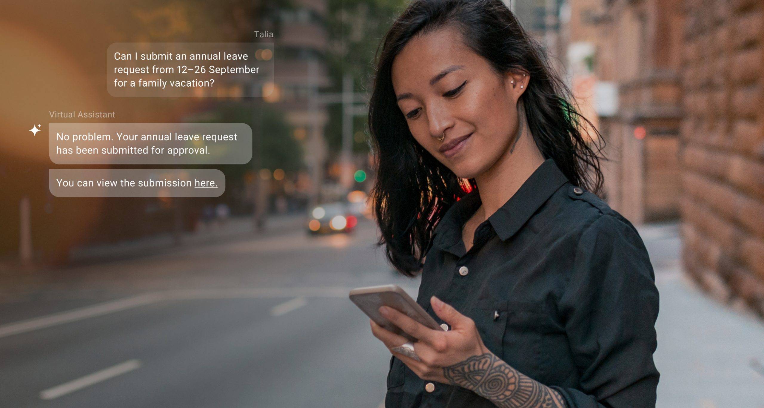 Simpplr’s AI assistant: virtual assistant conversation regarding leave reuqest