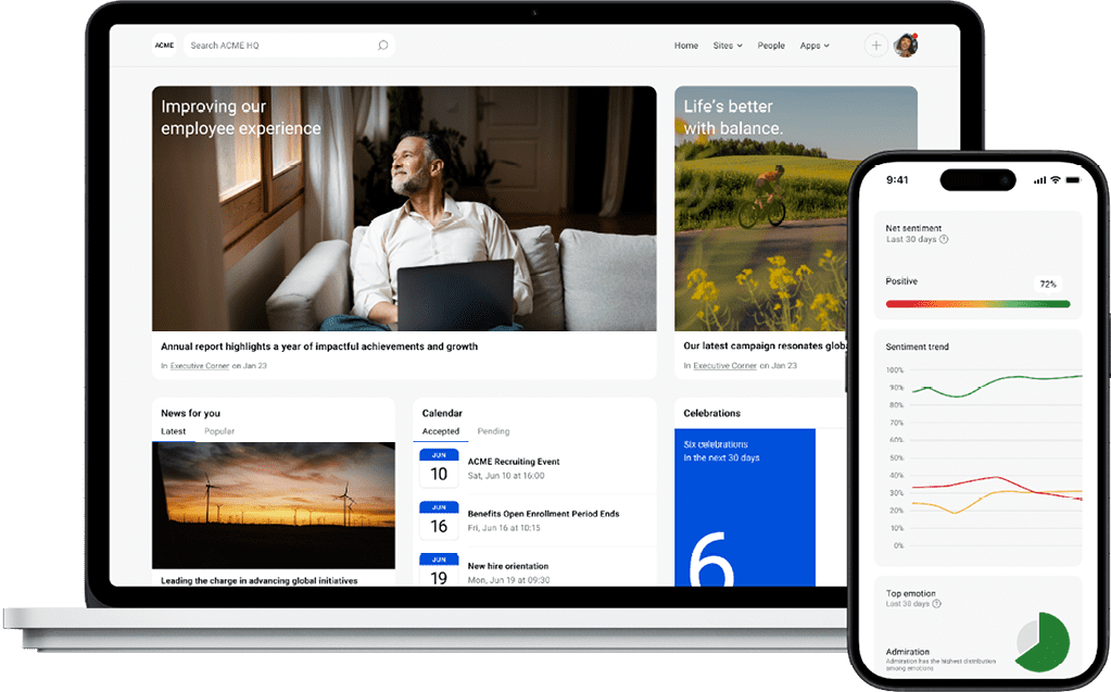 State of the Intranet - Simpplr intranet desktop homepage & mobile sentiment dashboard